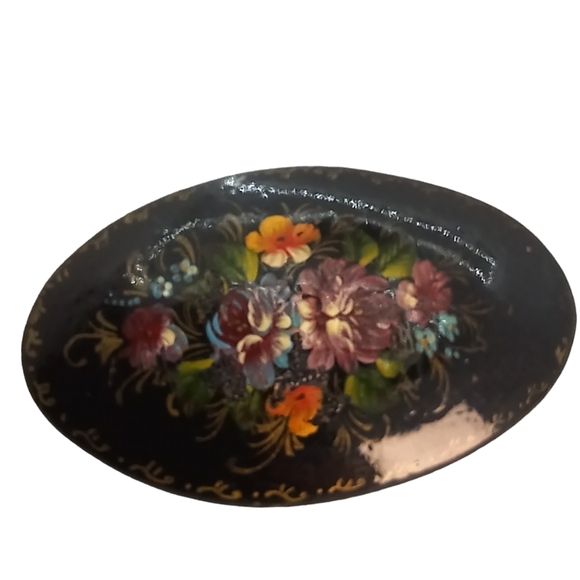 Jewelry - Vintage Womens Floral Wooden Russian Brooch 1991 Hand Painted Black